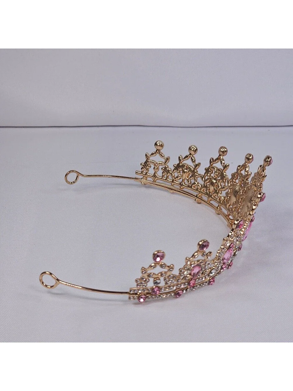 Pink Crystal Gold Tiara Rhinestone Princess Crown Pageant Wedding Headpiece EUC